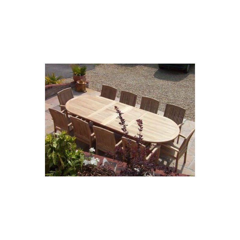 1.1m x 1.9m-2.7m Teak Oval Double Extending Table with 10 Marley Armchairs